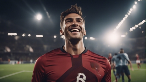 Un footballeur qui sourit, avec un t-shirt rouge