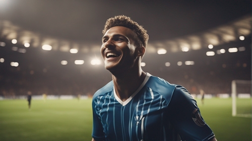 Un footballeur au polo bleu qui a l’air satisfait