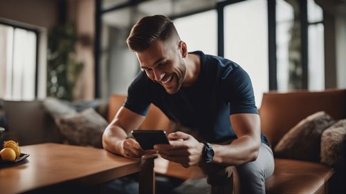 Un homme assis sur son canapé qui parie sur son téléphone